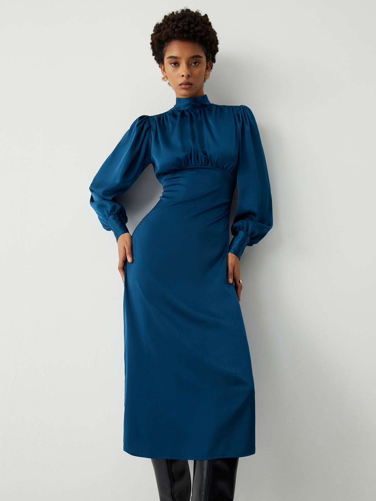 JazzHer Satin Mock Neck Tie Back Long Sleeve Midi Dress