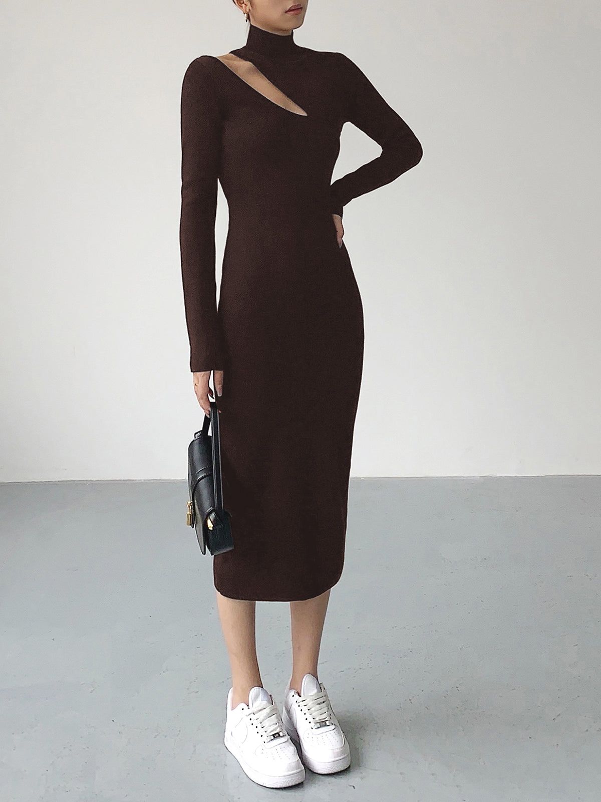 JazzHer Asymmetrical Cutout Mock Neck Knit Midi Dress