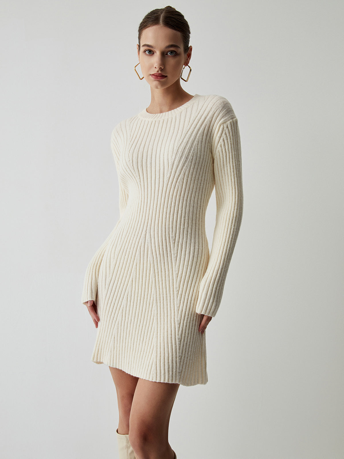 JazzHer 2024 Fall Fashion Cream Rib Long Sleeve Short Sweater Dress