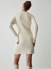 JazzHer 2024 Fall Fashion Cream Rib Long Sleeve Short Sweater Dress