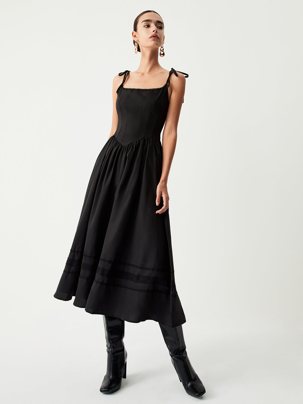 JazzHer Tie Shoulder Pleated Midi Dress