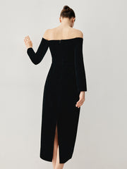 JazzHer Velvet Off-shoulder Patchwork Slit Midi Dress