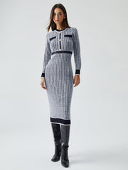 JazzHer 2024 Fall Fashion Contrast Trim Herringbone Bodycon Sweater Midi Dress