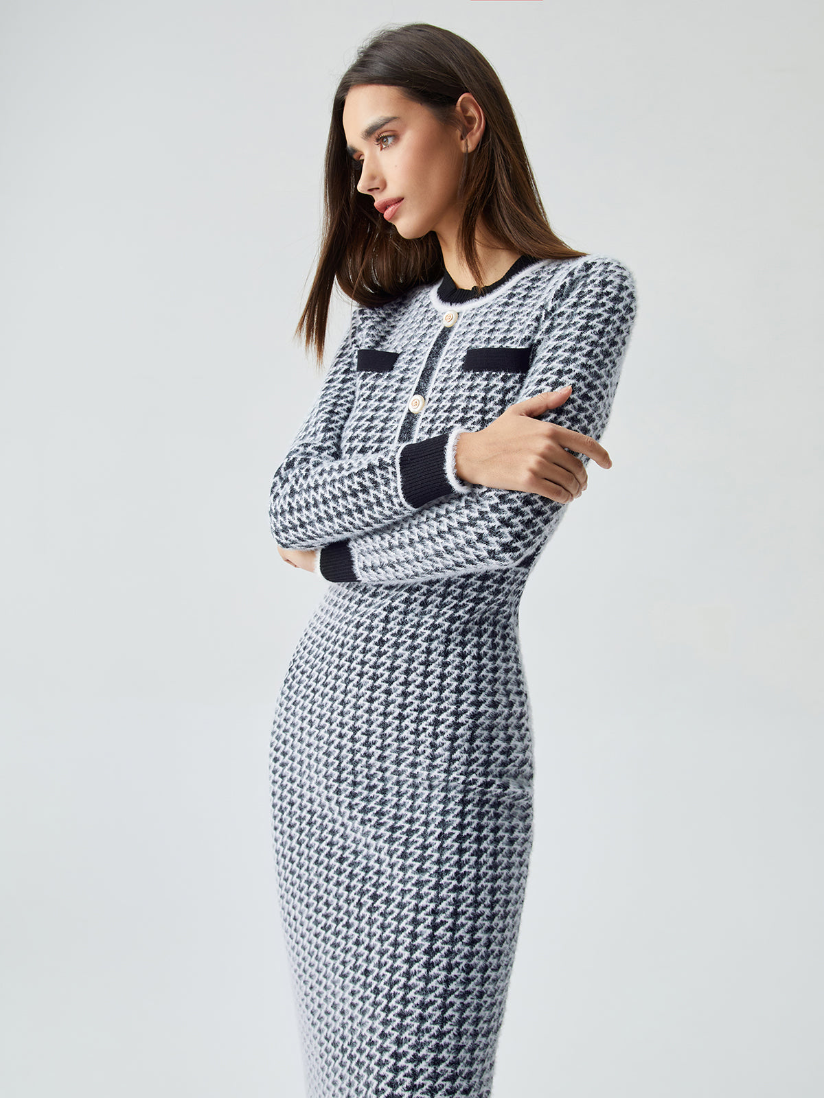 JazzHer 2024 Fall Fashion Contrast Trim Herringbone Bodycon Sweater Midi Dress