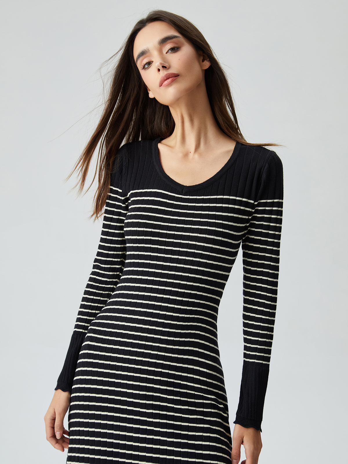 JazzHer 2024 Fall Fashion Contrast Trim Striped Crew Neck Knit Sweater Dress