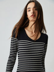 JazzHer 2024 Fall Fashion Contrast Trim Striped Crew Neck Knit Sweater Dress