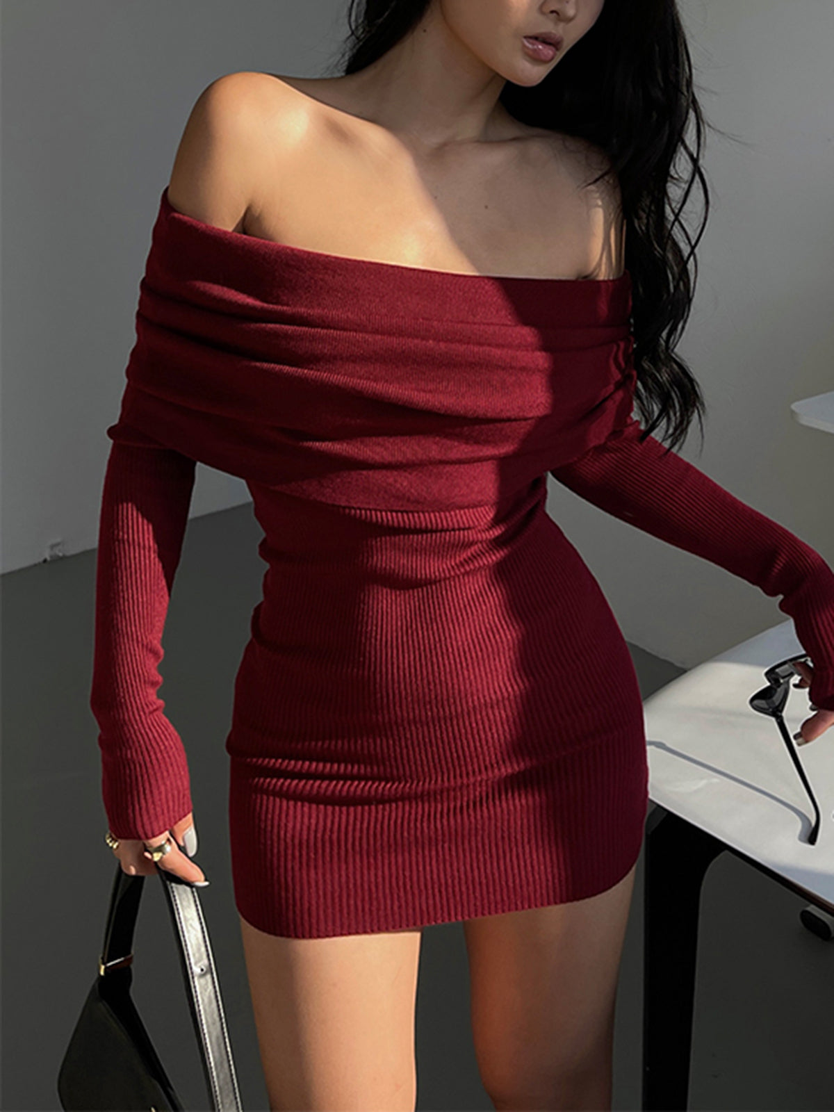 JazzHer Solid Overfold Off Shoulder Ribbed Knit Mini Dress