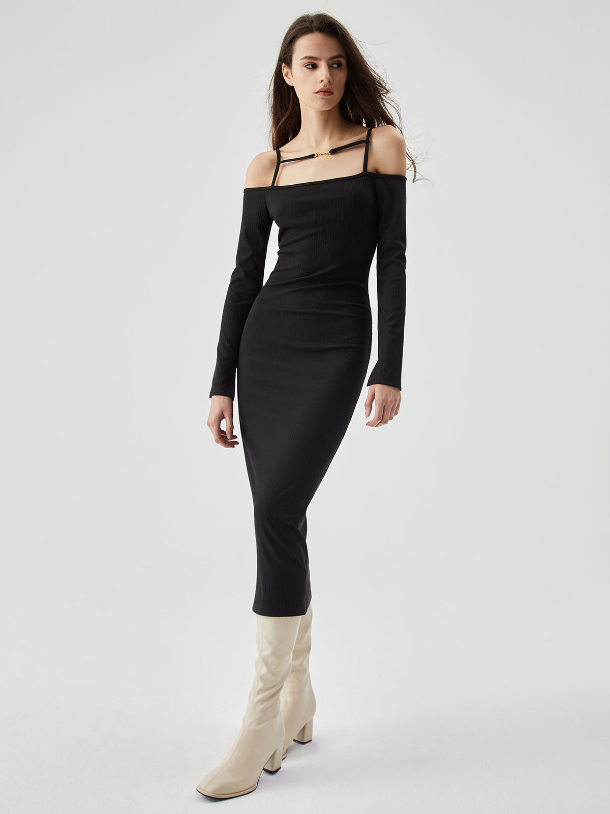 JazzHer Off Shoulder Long Sleeve Knit Cami Midi Dress