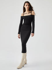 JazzHer Off Shoulder Long Sleeve Knit Cami Midi Dress