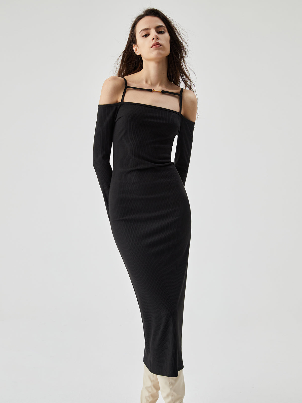 JazzHer Off Shoulder Long Sleeve Knit Cami Midi Dress