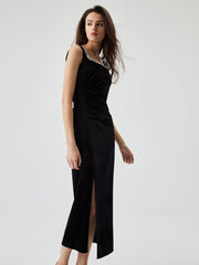 JazzHer Rhinestone Beaded Trim Velvet Split Cami Midi Dress