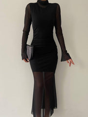 JazzHer Semi-sheer Mesh Long Sleeve Midi Dress