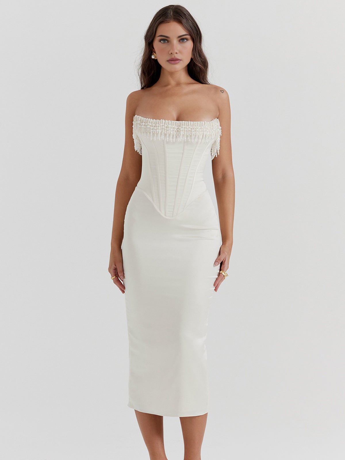 JazzHer Pearl Decor Strapless Midi Dress