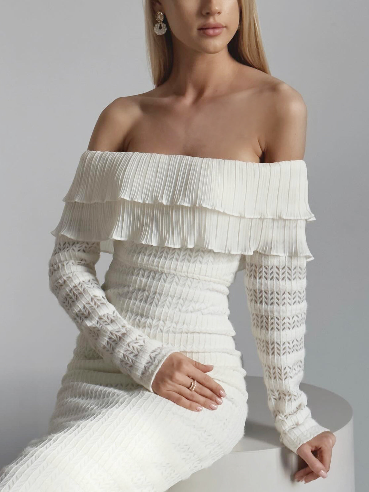 JazzHer Ruffled Overfold Off Shoulder Layered Knit Midi Dress