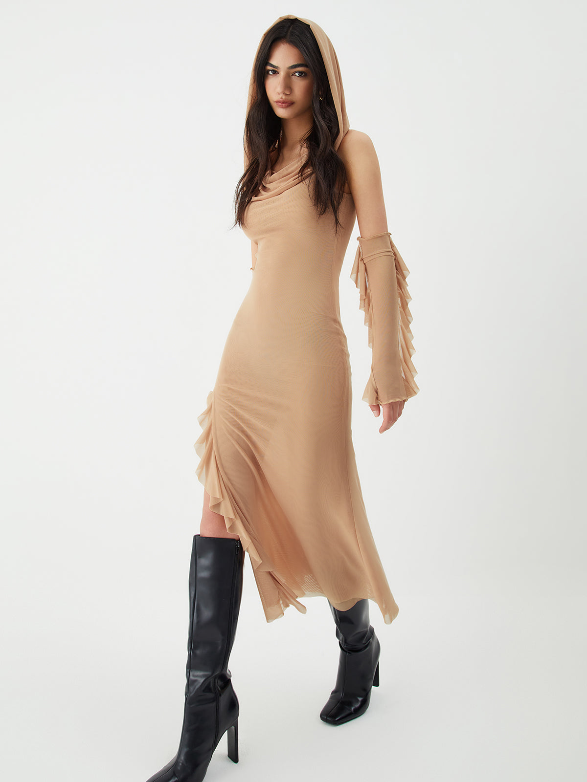 JazzHer Hooded Lettuce Trim Split Midi Dress