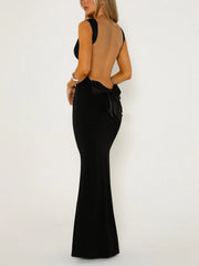 JazzHer Solid Backless With Bow Long Dress