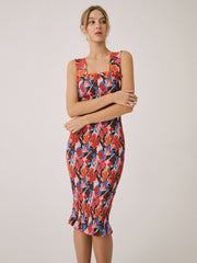 JazzHer Floral Ruffle Shirred Midi Dress