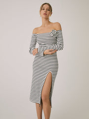 JazzHer Off-Shoulder Rosette Split Midi Dress