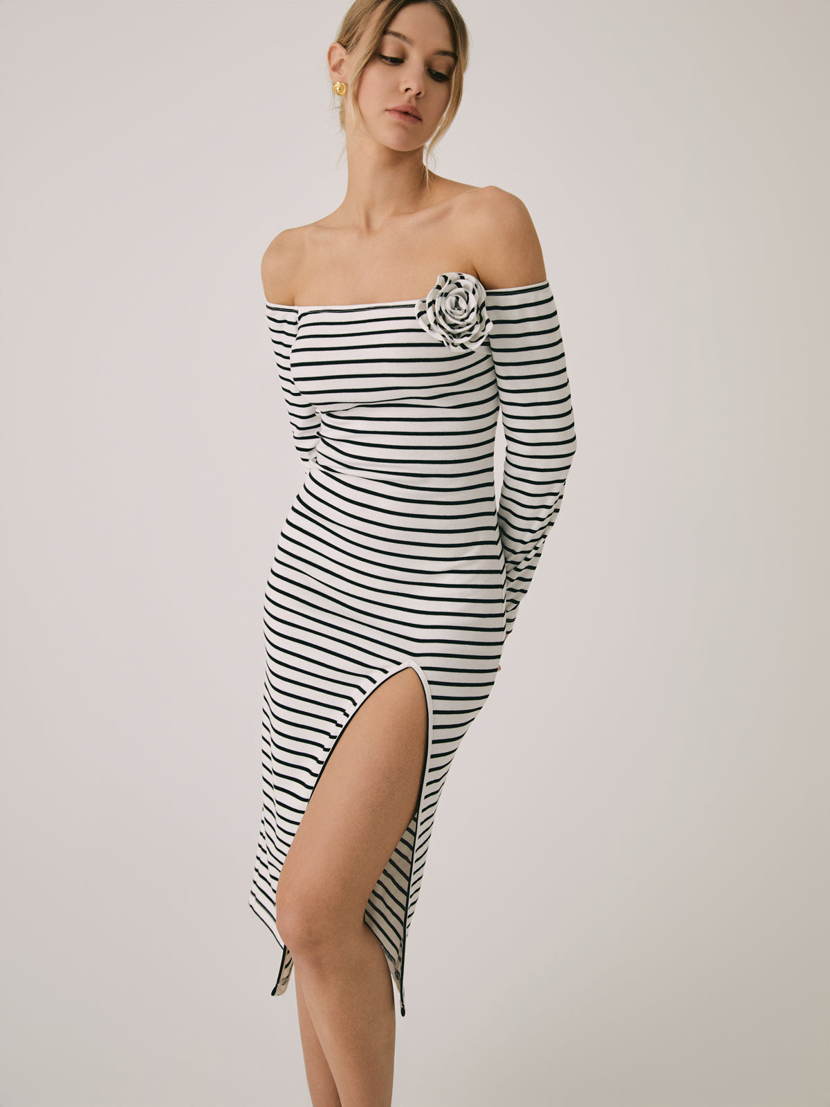 JazzHer Off-Shoulder Rosette Split Midi Dress