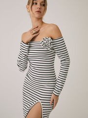 JazzHer Off-Shoulder Rosette Split Midi Dress