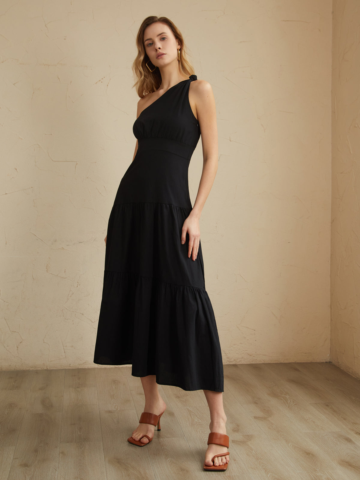 JazzHer Asymmetric Shoulder Knotted Midi Dress