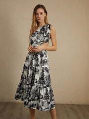 JazzHer Asymmetric Cutout  Floral Print Midi Dress