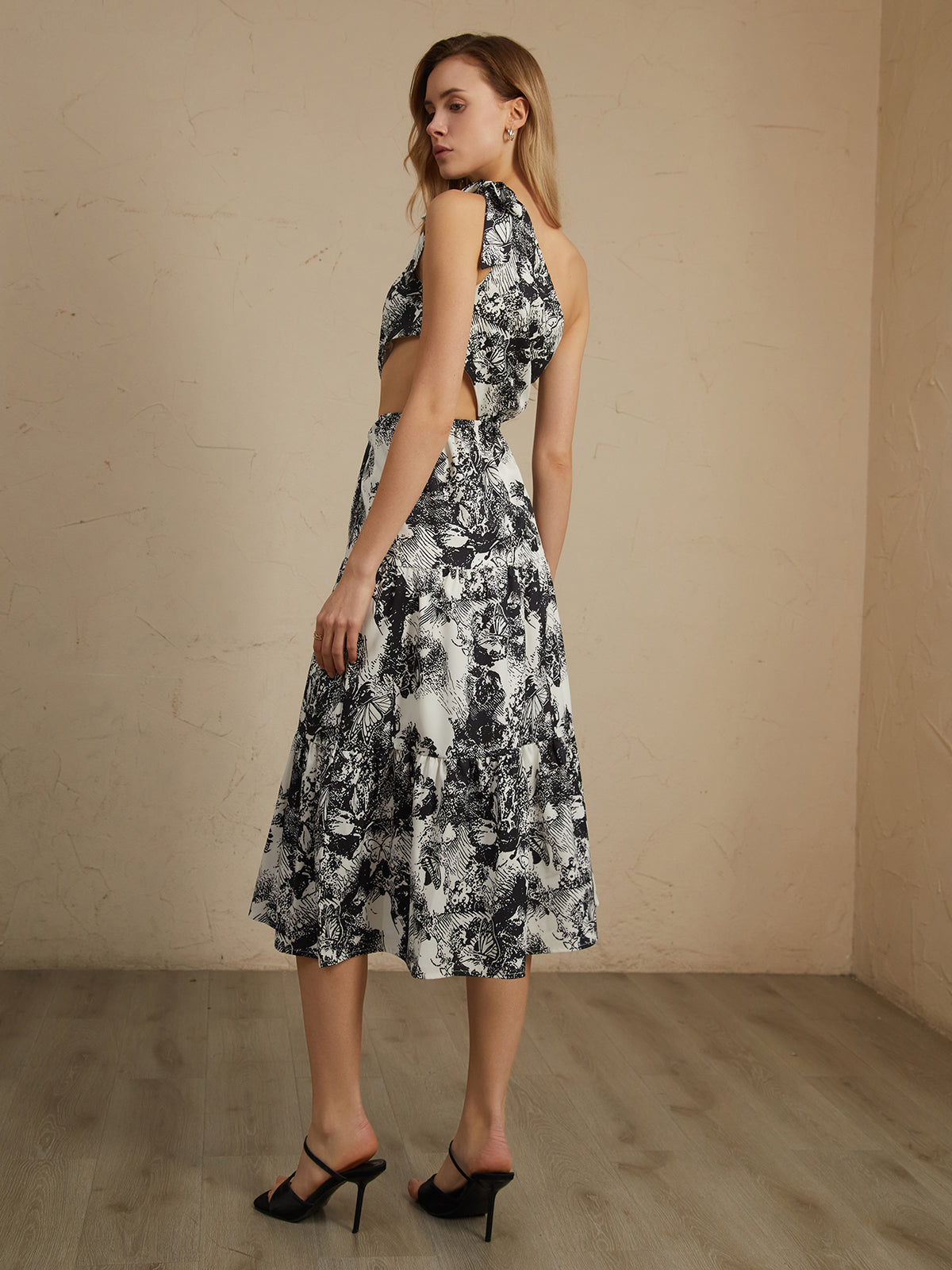 JazzHer Asymmetric Cutout  Floral Print Midi Dress