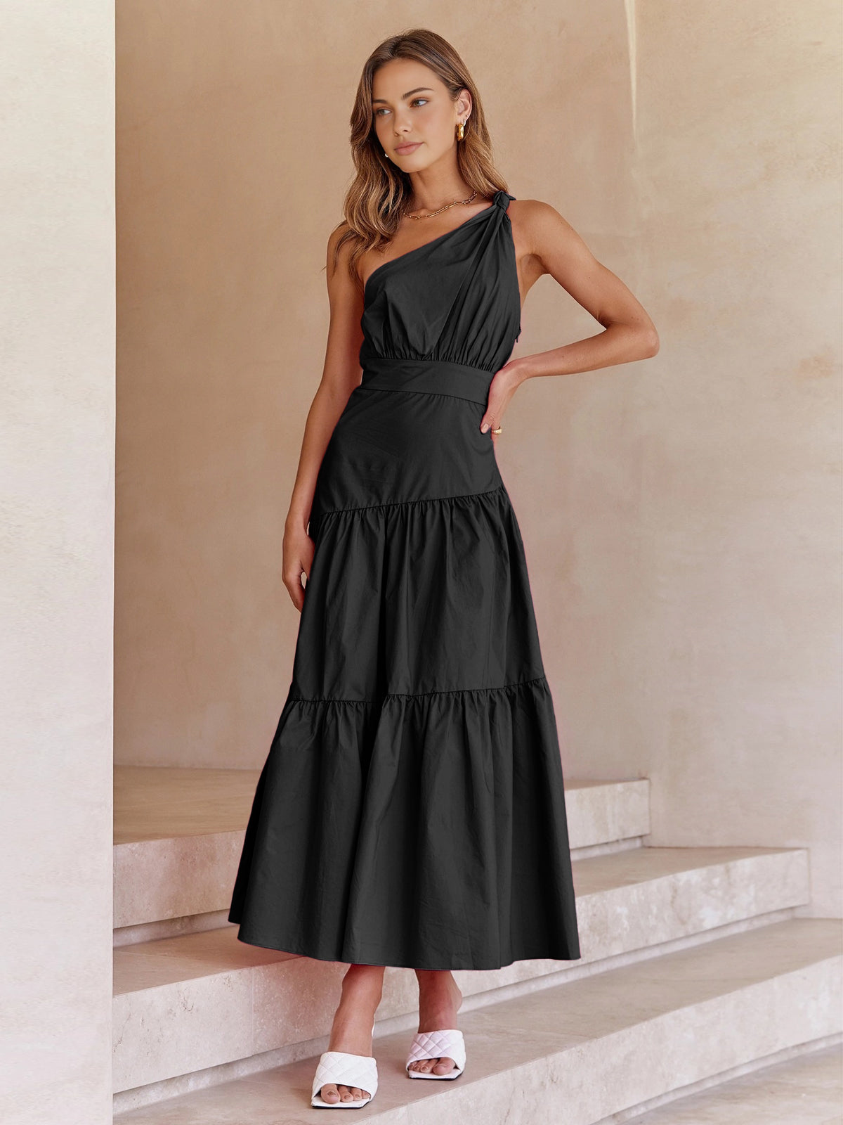 JazzHer Asymmetric Shoulder Knotted Midi Dress