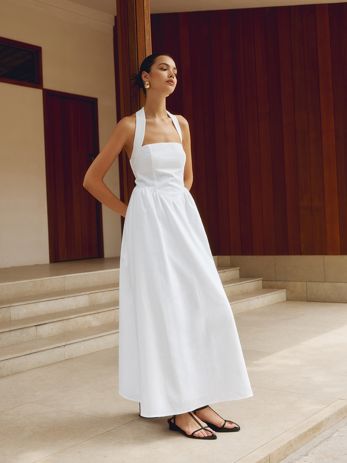 JazzHer Cotton & Linen Halter A Line Long Dress