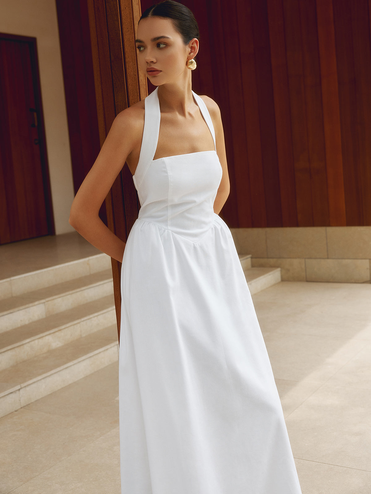 JazzHer Cotton & Linen Halter A Line Long Dress