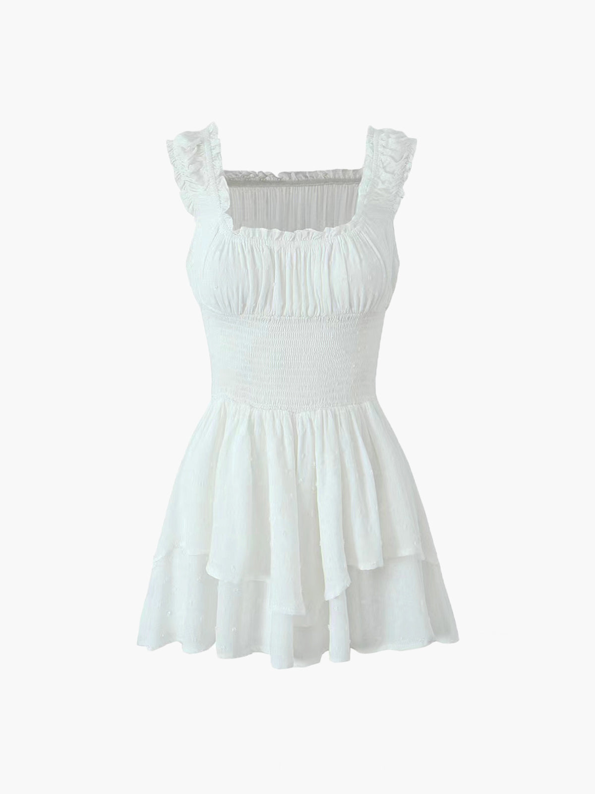 JazzHer Lettuce Trim Shirred Waist Layered Short Dress