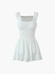 JazzHer Lettuce Trim Shirred Waist Layered Short Dress