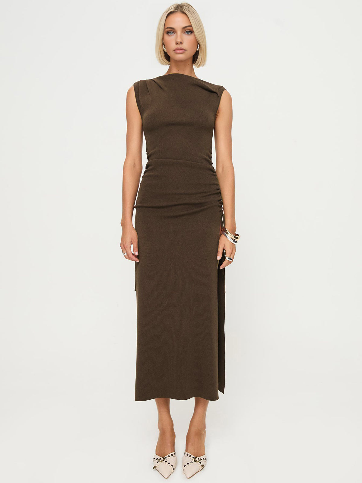 JazzHer Asymmetrical Neck Split Midi Dress