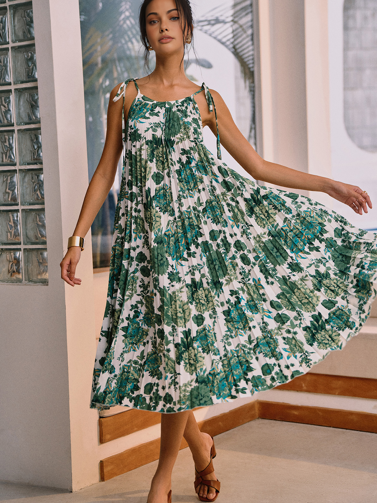 JazzHer Floral Pleated Knotted Midi Dress