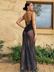 JazzHer Chiffon Sheer Polka Dot Print Backless Long Dress