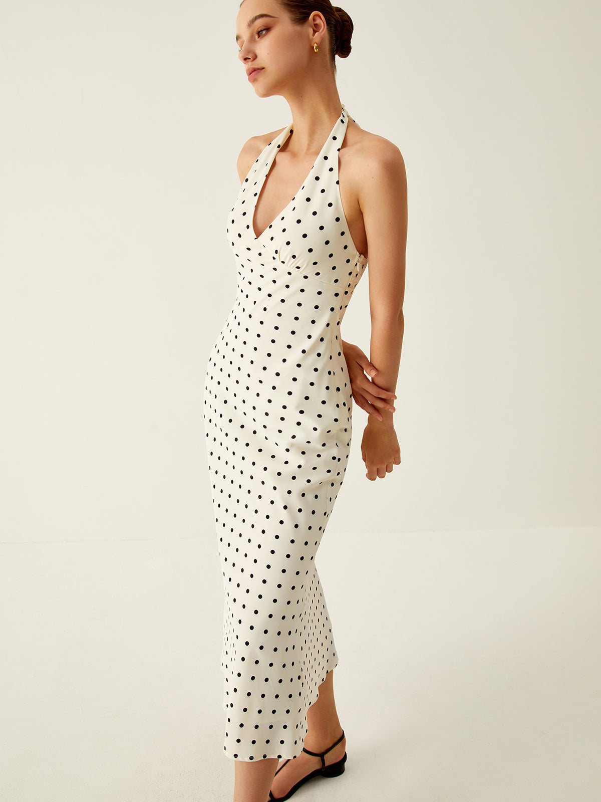 JazzHer Polka Dot Print V-Neck Halter Midi Dress