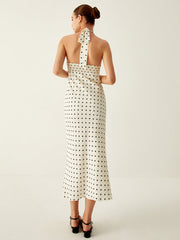 JazzHer Polka Dot Print V-Neck Halter Midi Dress