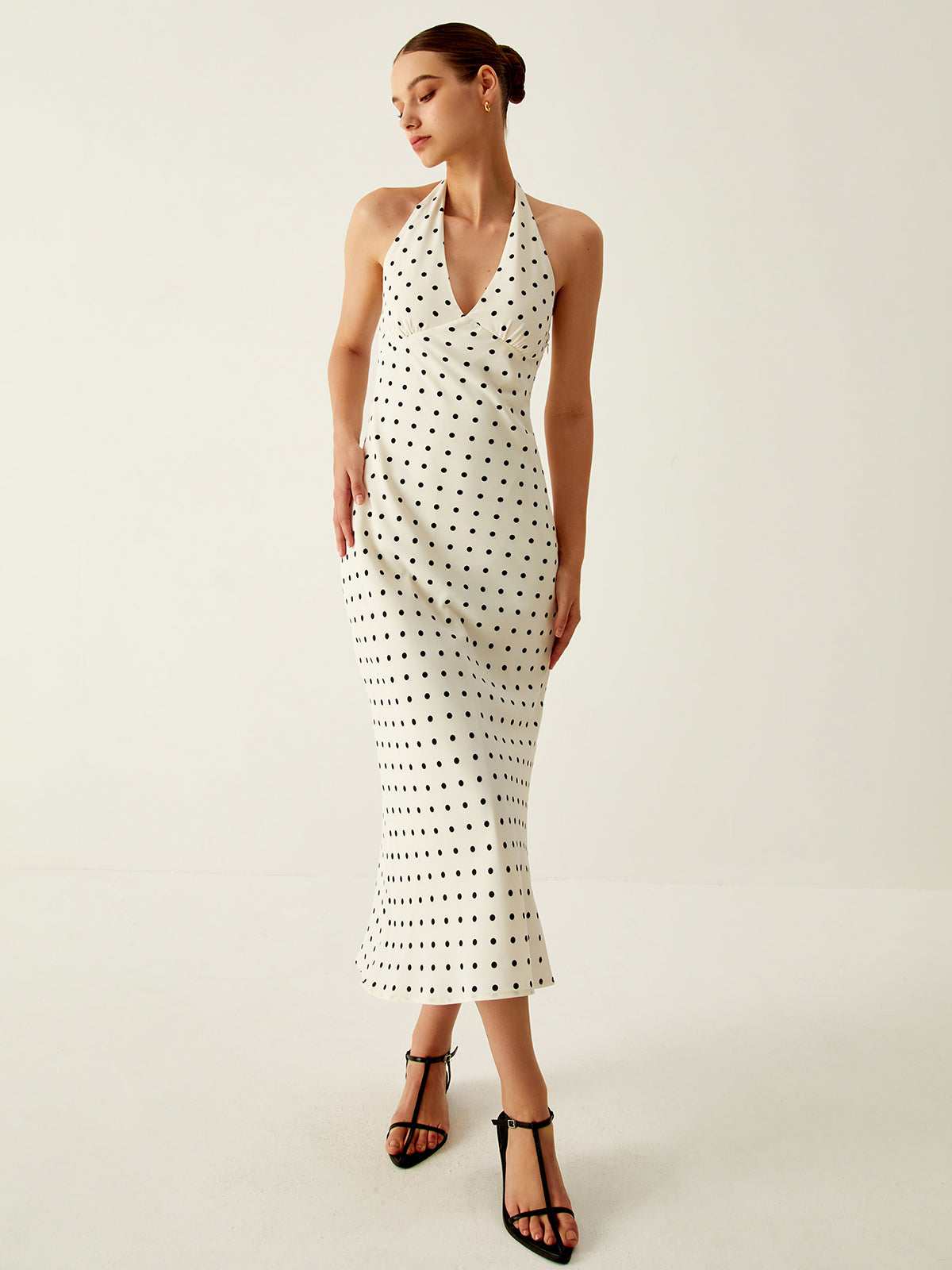 JazzHer Polka Dot Print V-Neck Halter Midi Dress