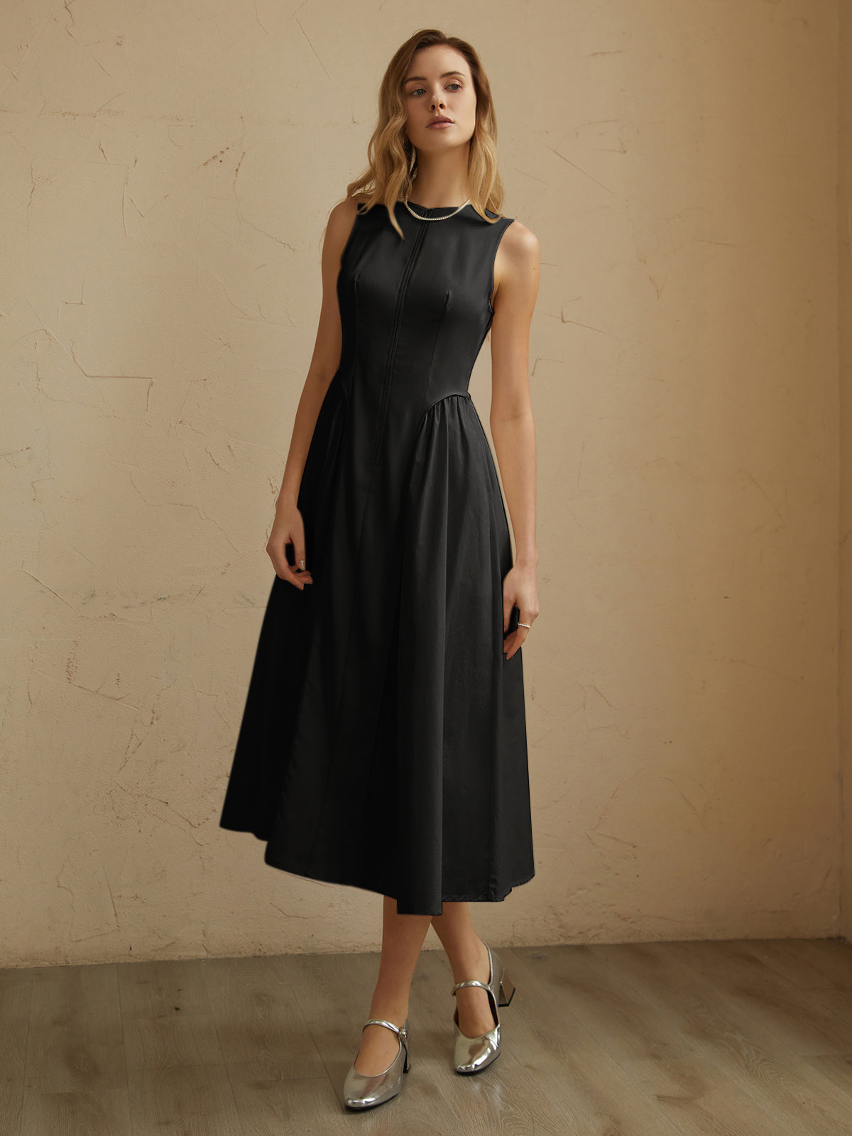 JazzHer Sleeveless Pockets Pleated Midi Dress