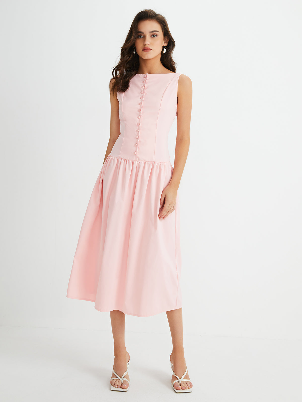 JazzHer Multi-Button Sleeveless Pleated Midi Dress