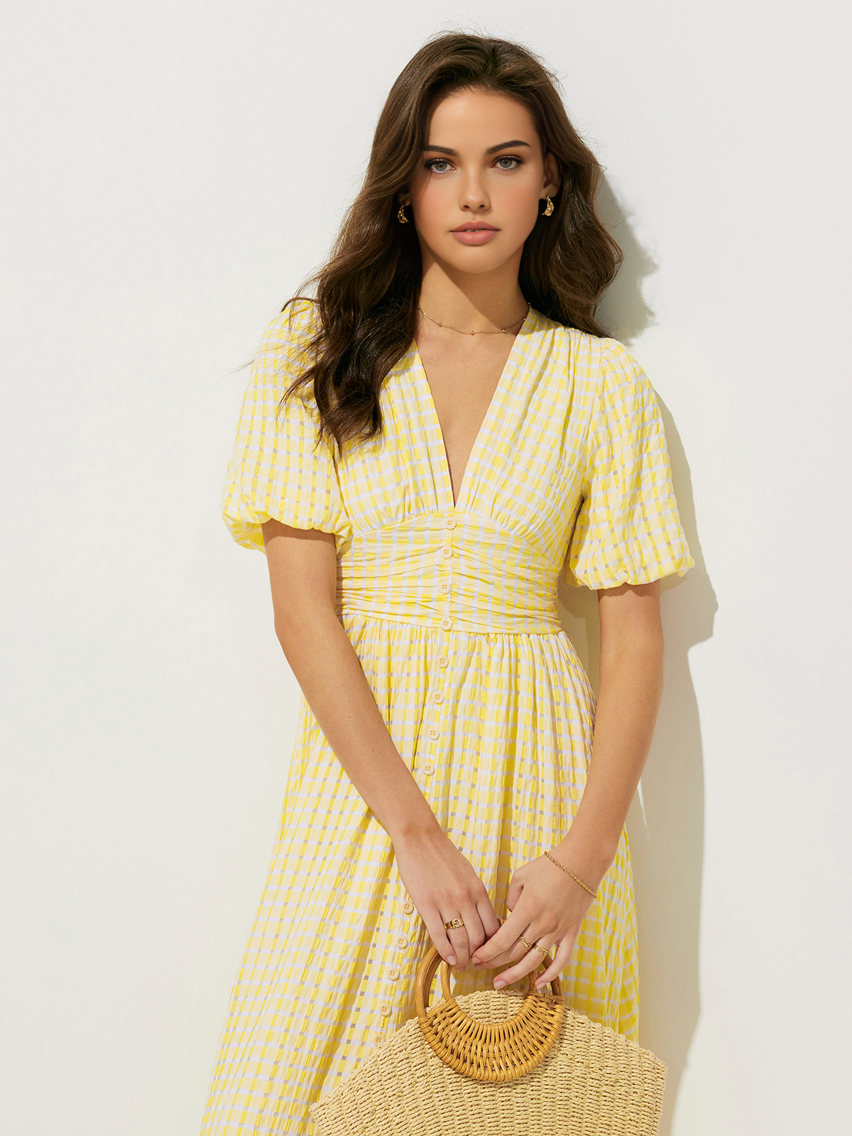 JazzHer Plaid Pattern Puff Sleeve V-Neck Midi Dress