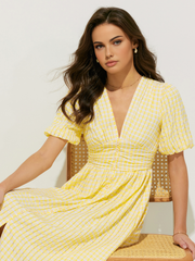 JazzHer Plaid Pattern Puff Sleeve V-Neck Midi Dress