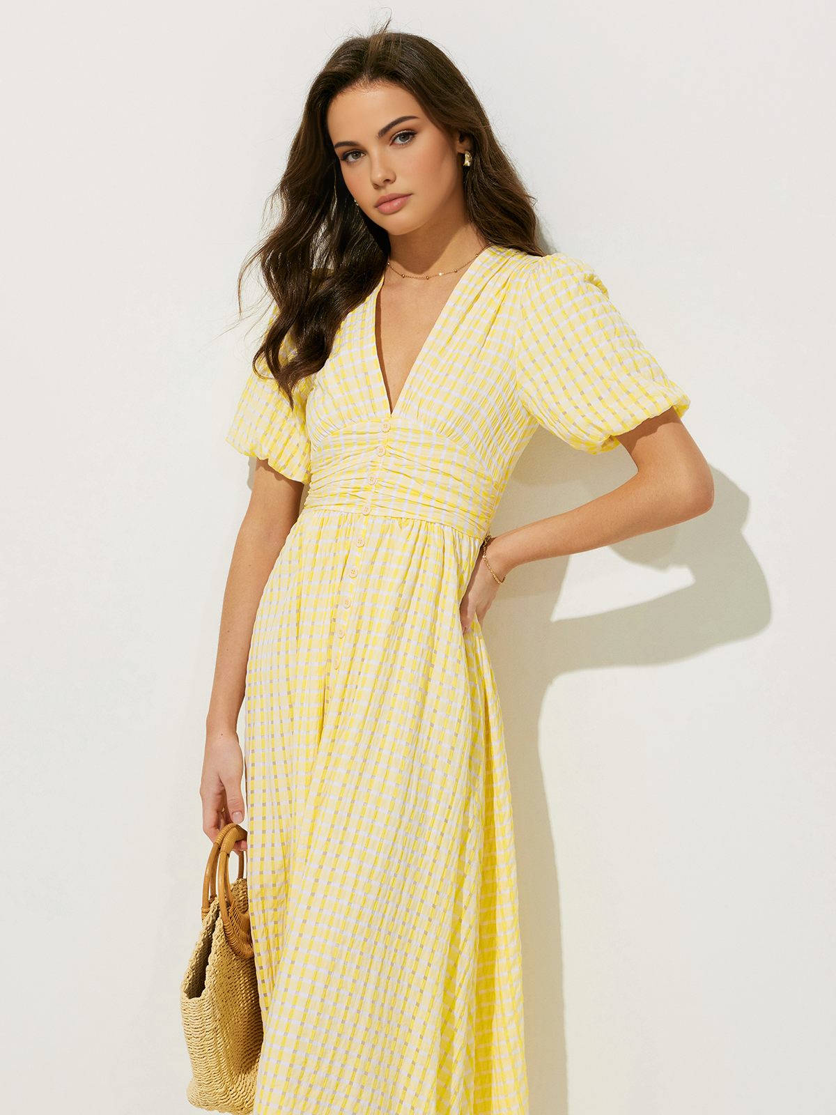 JazzHer Plaid Pattern Puff Sleeve V-Neck Midi Dress