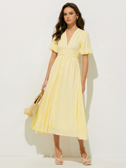 JazzHer Plaid Pattern Puff Sleeve V-Neck Midi Dress