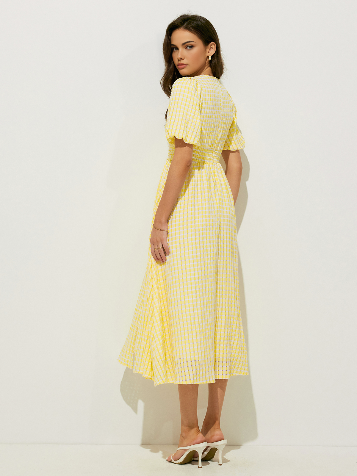 JazzHer Plaid Pattern Puff Sleeve V-Neck Midi Dress