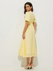 JazzHer Plaid Pattern Puff Sleeve V-Neck Midi Dress