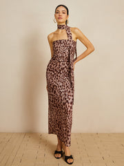 JazzHer Leopard Print Mesh Halter Midi Dress