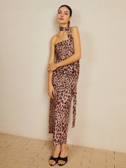 JazzHer Leopard Print Mesh Halter Midi Dress