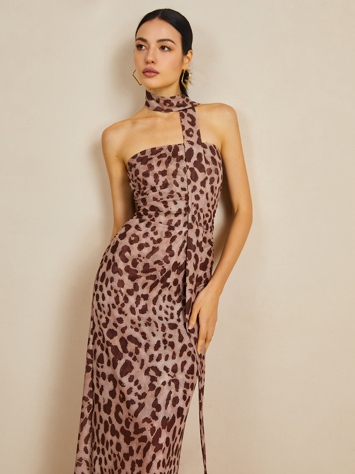 JazzHer Leopard Print Mesh Halter Midi Dress