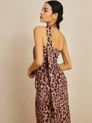 JazzHer Leopard Print Mesh Halter Midi Dress